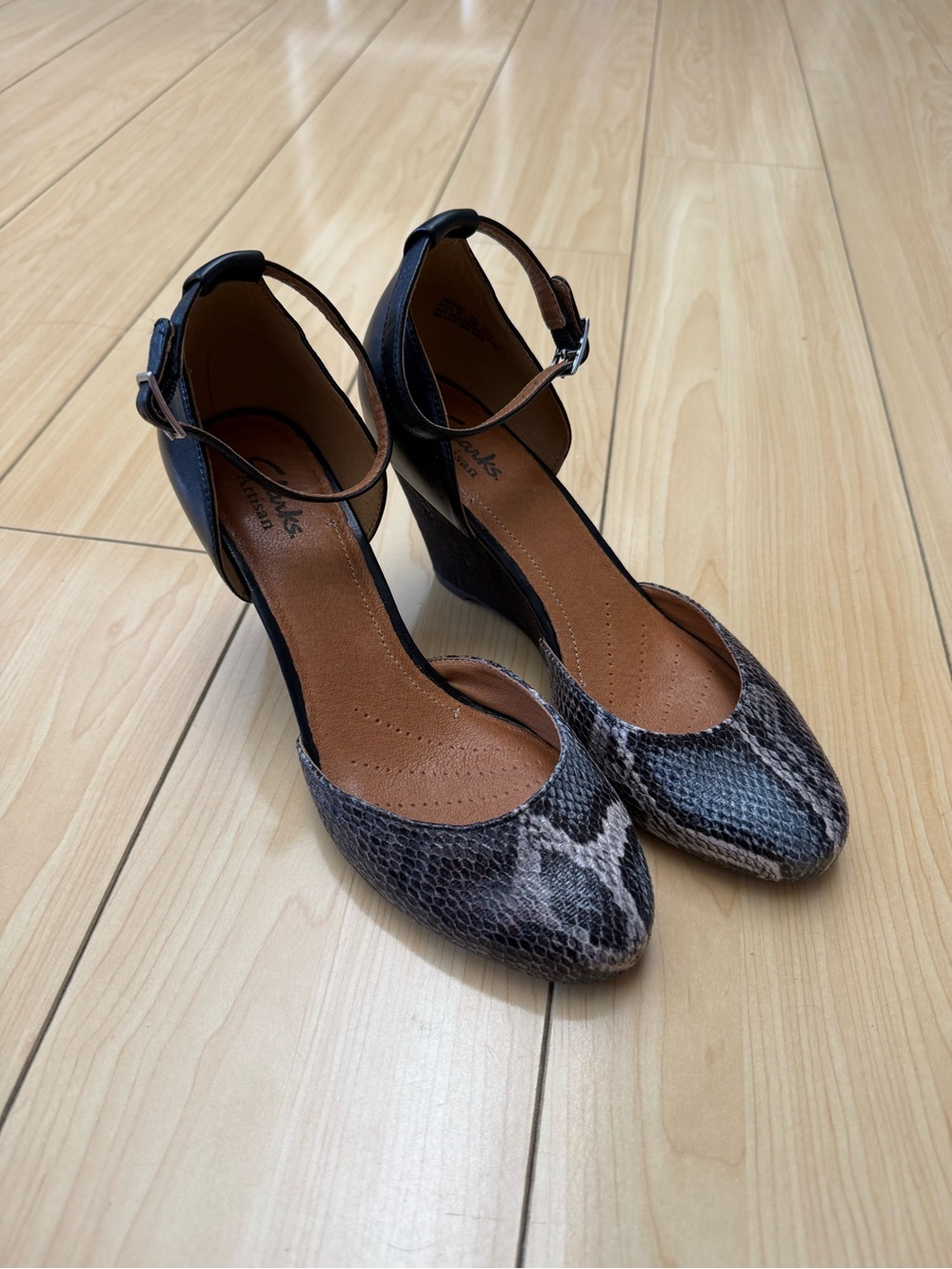 Clarks Snake-Print Ankle-Strap Wedge Heels - Black/Brown